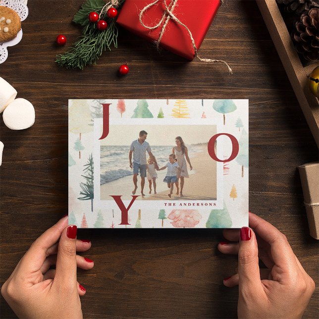 Pastel Christmas Trees Red Joy Photo Holiday Card (Creator Uploaded)