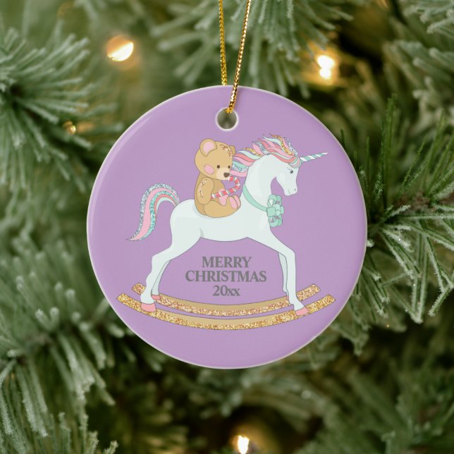 Pastel  Christmas Unicorn Rocking Horse on Purple Ceramic Ornament (Tree)
