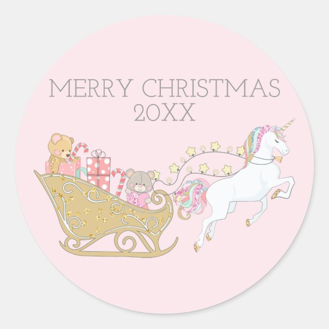 Pastel Christmas Unicorn Santa's Sleigh Pink Classic Round Sticker (Front)
