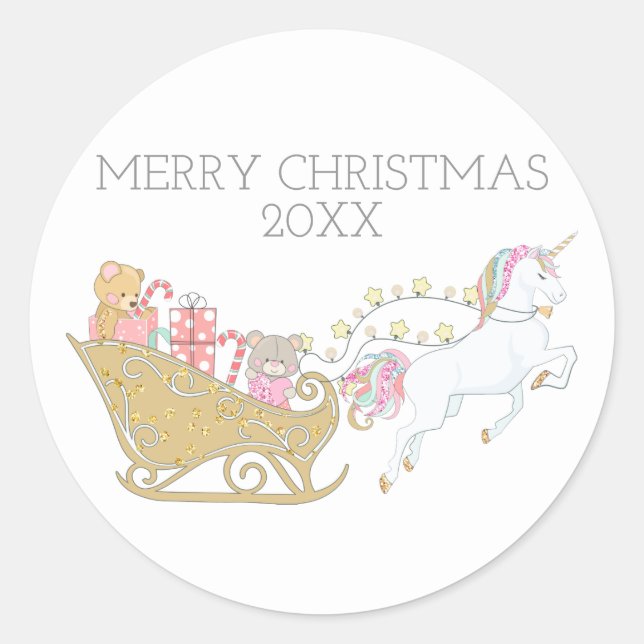 Pastel Christmas Unicorn Santa's Sleigh White Classic Round Sticker (Front)