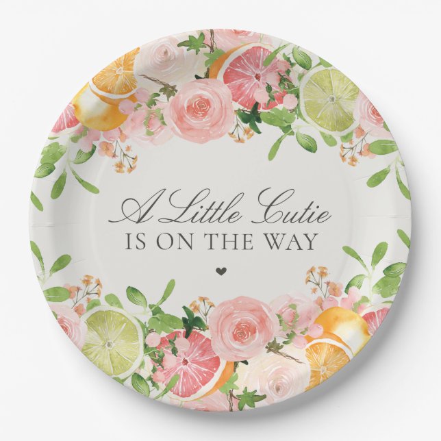 Pastel Citrus Floral Cutie Baby Shower Dessert Paper Plate (Front)