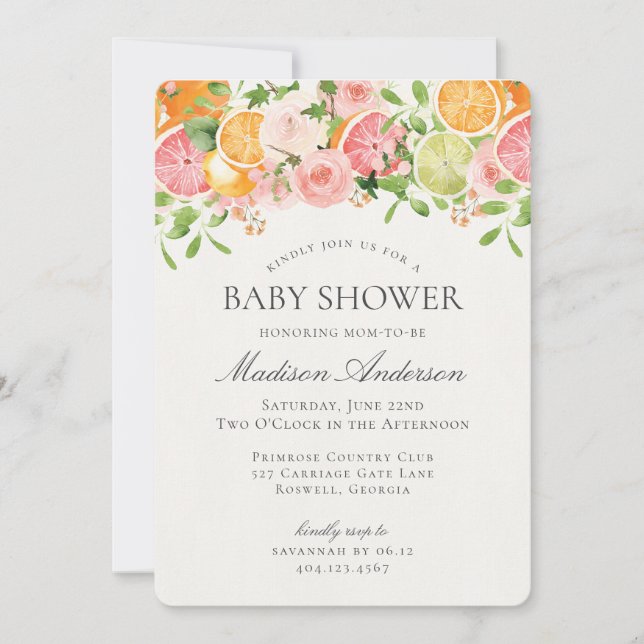 Pastel Citrus Floral Little Cutie Baby Shower Invitation (Front)