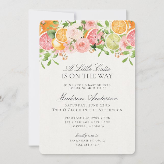 Pastel Citrus Floral Little Cutie Baby Shower Invitation (Front)