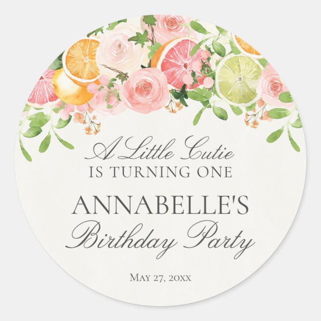 Pastel Citrus Floral Little Cutie Birthday Favour Classic Round Sticker (Front)