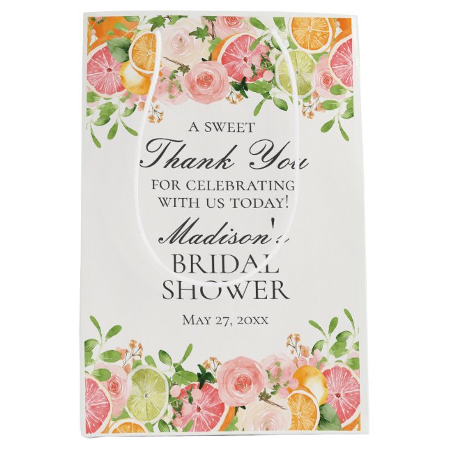 Pastel Citrus Floral Main Squeeze Bridal Shower Medium Gift Bag (Front)