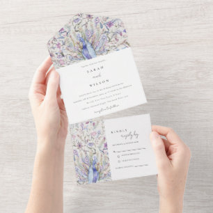 Pastel Classy Ornate Watercolor Peacock Wedding All In One Invitation