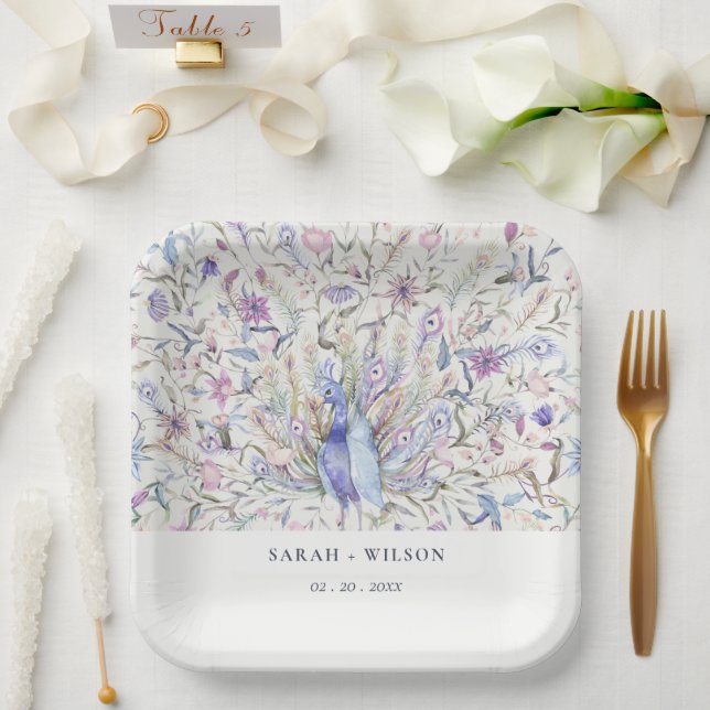 Pastel  Classy Ornate Watercolor Peacock Wedding Paper Plate (Wedding)