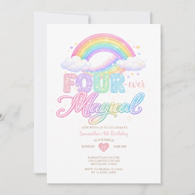 Pastel Cloud Magical Rainbow 4th birthday  Invitation (Front)
