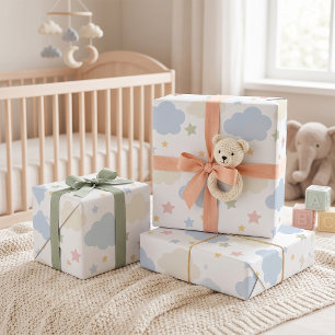 Pastel Clouds and Stars Baby Shower Wrapping Paper