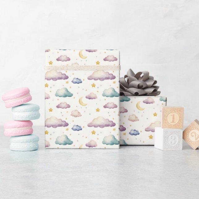 Pastel Clouds / Stars / Moons on Ivory Wrapping Paper (Baby Shower)