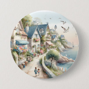 Pastel Coastal Cottage Village Escape 7.5 Cm Round Badge