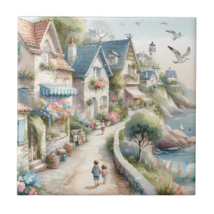 Pastel Coastal Cottage Village Escape Ceramic Tile