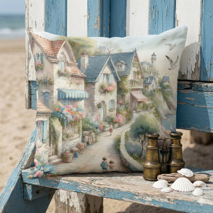 Pastel Coastal Cottage Village Escape Cushion