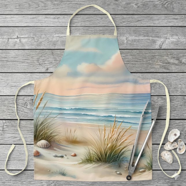 Pastel Coastal Dunes Watercolor Apron (Pastel Coastal Dunes Watercolor Apron Laying lat On Wood Deck)