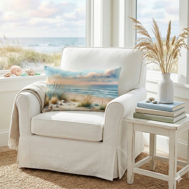 Pastel Coastal Dunes Watercolor Lumbar Cushion (Pastel Coastal Dunes Watercolor Lumbar Pillow Mockup A)