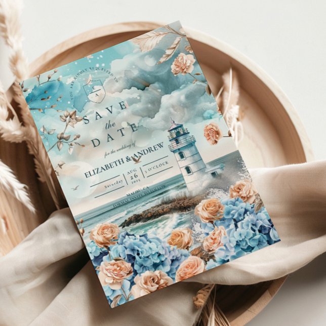 Pastel Coastal Lighthouse Ocean Wedding Save The Date (Creator Uploaded)