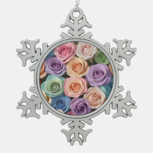 Pastel color roses snowflake pewter christmas ornament