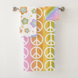 PASTEL COLORED HAPPY FLOWERS & PEACE SYMBOLS BATH TOWEL SET
