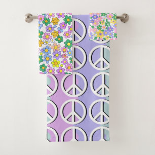 PASTEL COLORED HAPPY FLOWERS & PEACE SYMBOLS BATH TOWEL SET