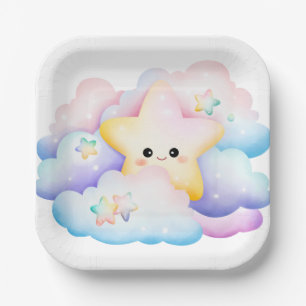 PASTEL COLORED SMILING STAR AND CLOUDS PAPER PLATE