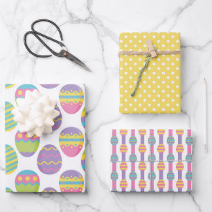 PASTEL COLORFUL EASTER EGGS & YELLOW POLKA DOTS WRAPPING PAPER SHEET
