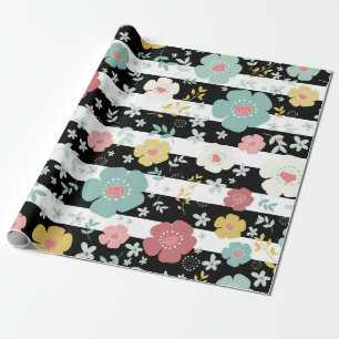 Pastel Colors Colorful Flowers & Stripes Pattern Wrapping Paper