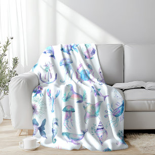 Pastel colors sea animals pattern fleece blanket