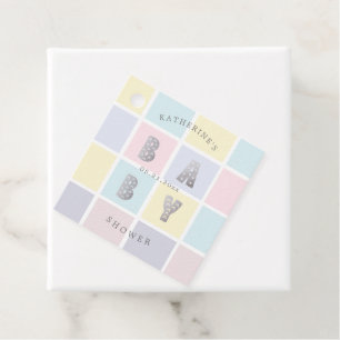 pastel colour block gold baby shower favour tags