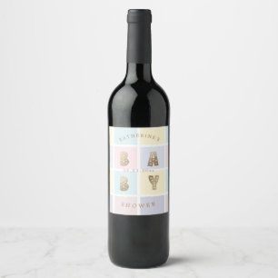 pastel colour block gold baby shower wine label
