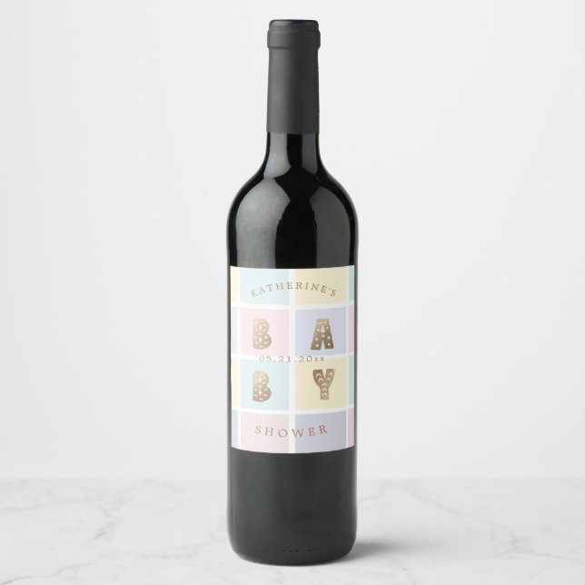 pastel colour block gold baby shower  wine label (Front)