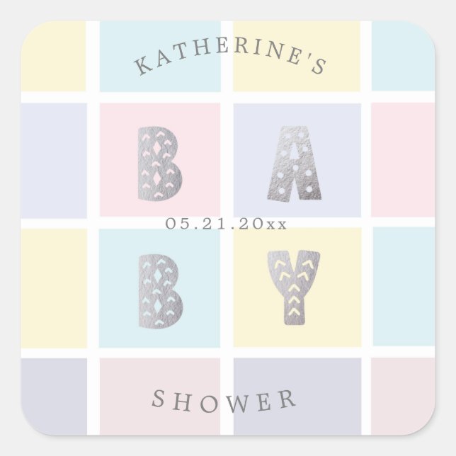 pastel colour block silver baby shower square sticker (Front)