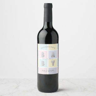 pastel colour block silver baby shower wine label