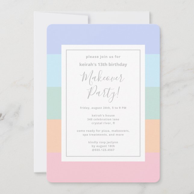 Pastel Colour Block Stripes Makeover Party Birthda Invitation (Front)