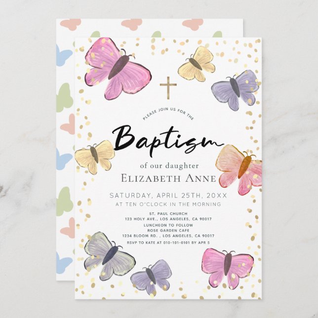 Pastel Colour Butterfly Girl Baptism Invitation (Front/Back)