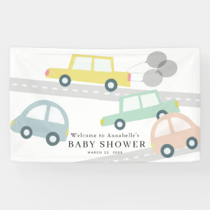Pastel Colour Cars Balloons White Baby Shower Banner