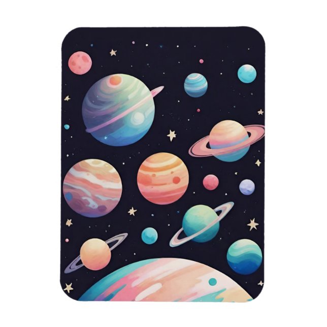 Pastel colour planets in dark space magnet (Vertical)