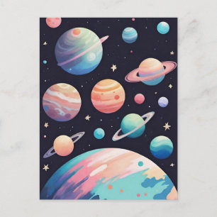 Pastel colour planets in dark space postcard