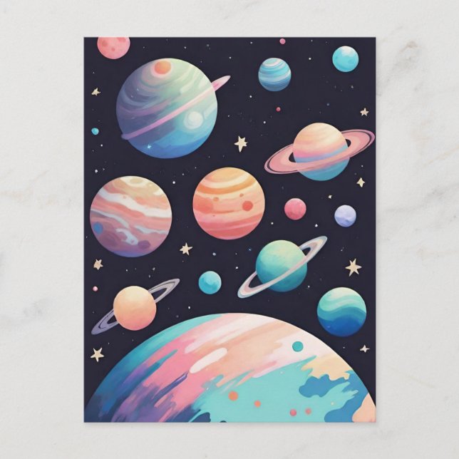 Pastel colour planets in dark space postcard (Front)