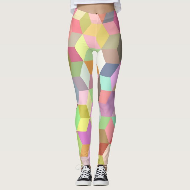Pastel Colour Spring & Summer Trendy Cubic Squares Leggings (Front)
