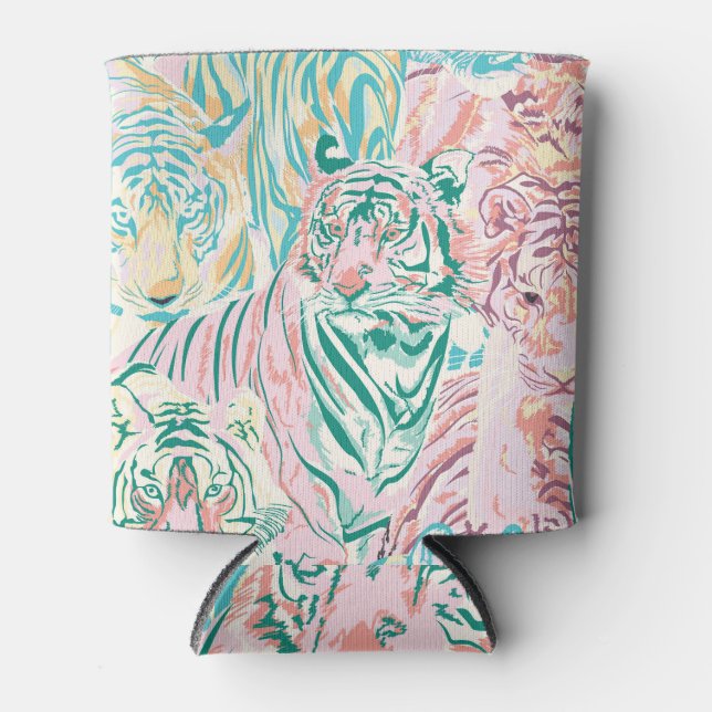 Pastel Colour Tiger Art Pattern Can Cooler (Front)