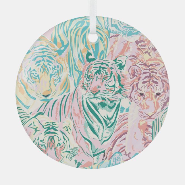 Pastel Colour Tiger Art Pattern Glass Tree Decoration (Front)