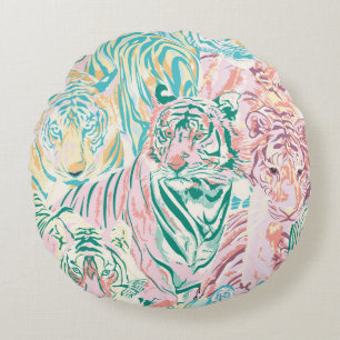 Pastel Colour Tiger Art Pattern Round Cushion