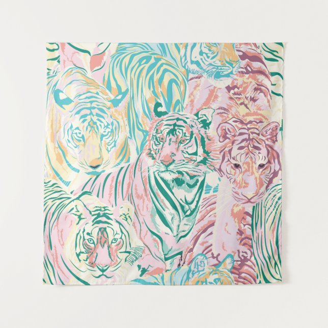 Pastel Colour Tiger Art Pattern Tapestry (Front)
