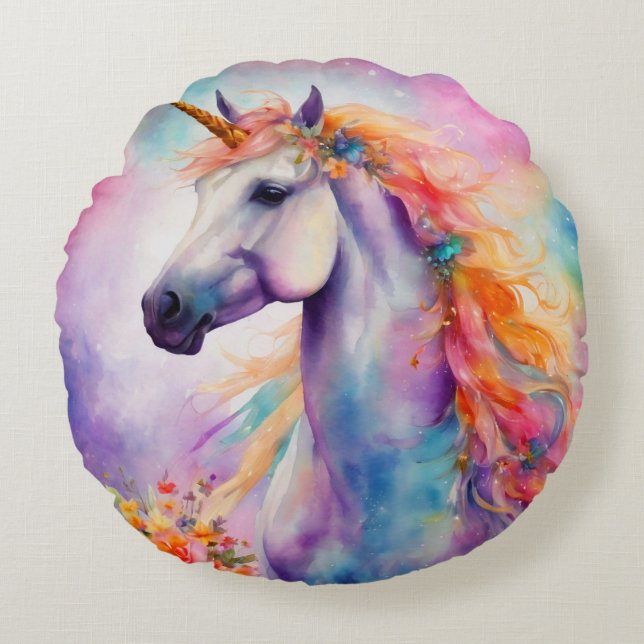 Pastel Colour Unicorn Round Cushion (Front)