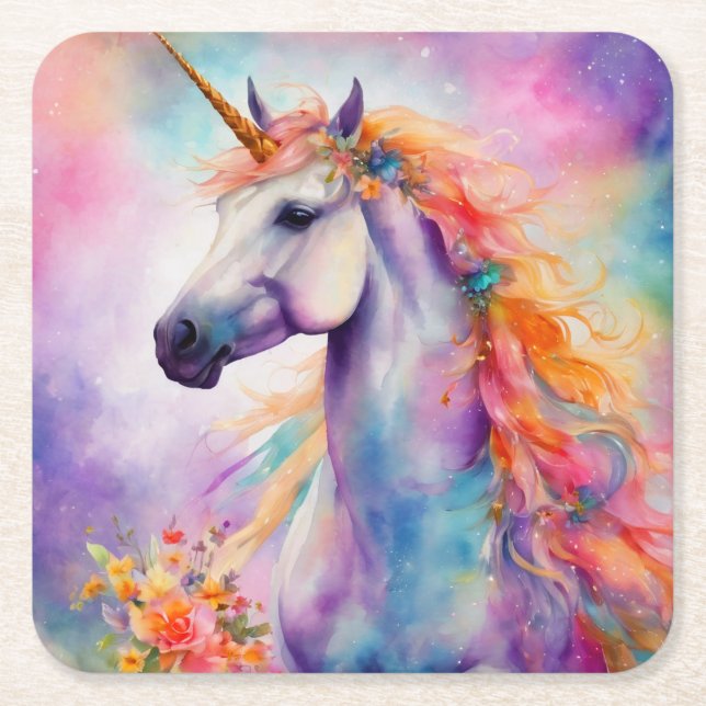 Pastel Colour Unicorn Square Paper Coaster (Front)