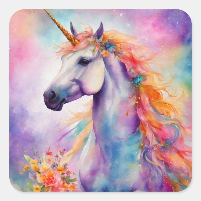 Pastel Colour Unicorn Square Sticker (Front)