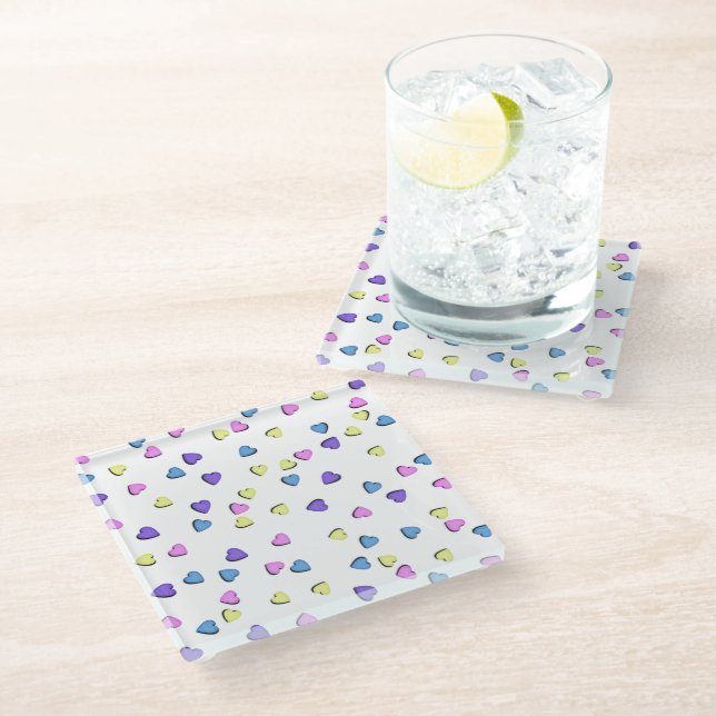 Pastel Coloured Candy Hearts Glass Coaster (Angled)