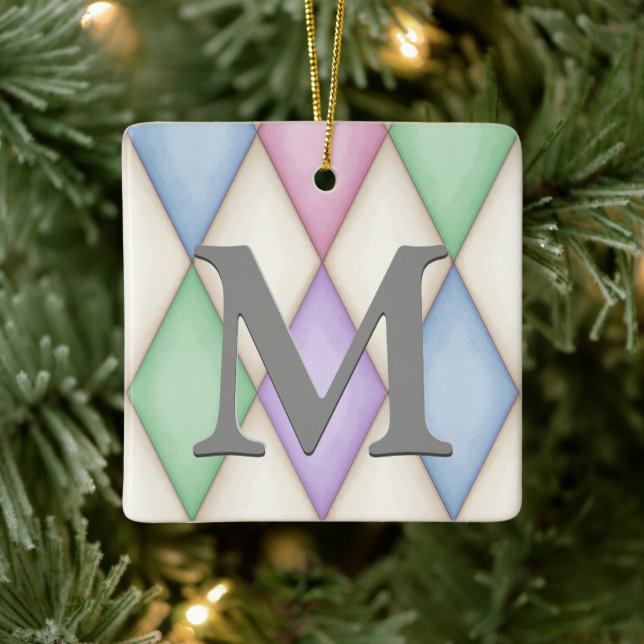 Pastel Coloured Harelquin Check Pretty Personalise Ceramic Ornament (Tree)