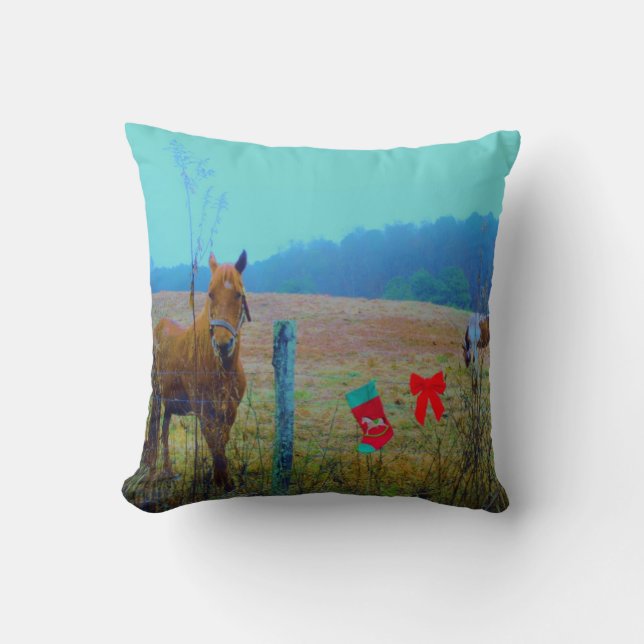 Pastel coloured Horses, Stocking on fence Cushion (Front)