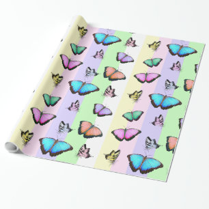 Pastel Coloured Pink, Green, Yellow Butterflies Wrapping Paper